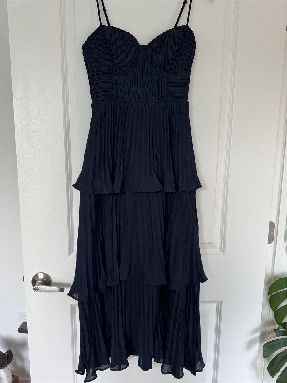 Cascading Crush Navy Blue Tiered Bustier Midi Dress